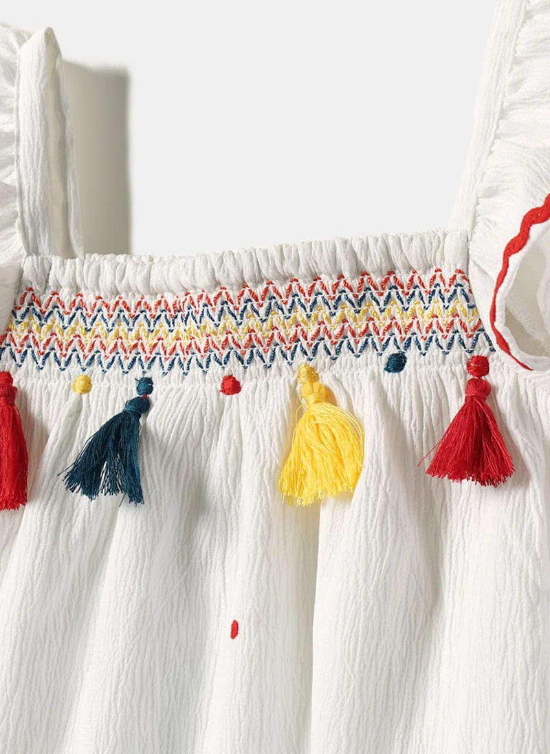 Nautinati  Girls' A-line Polka Dot Embroidered Dress with Multicolour Tassels & Smocked Neck for Women | Best Price UAE